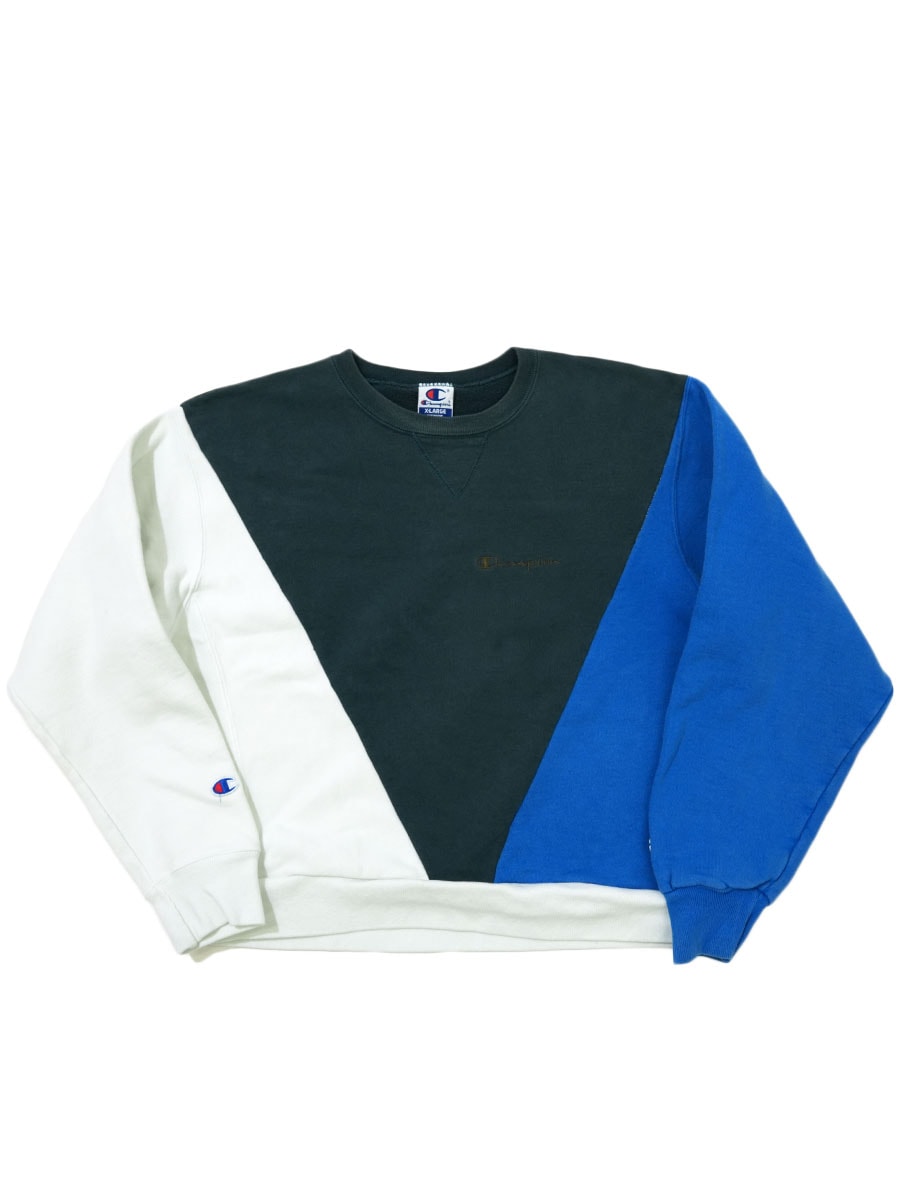 90's 青刺繍タグ チャンピオン スクリプトロゴ クレイジーパターン 切り替え 前Vスウェット 表記(XL) USA製
