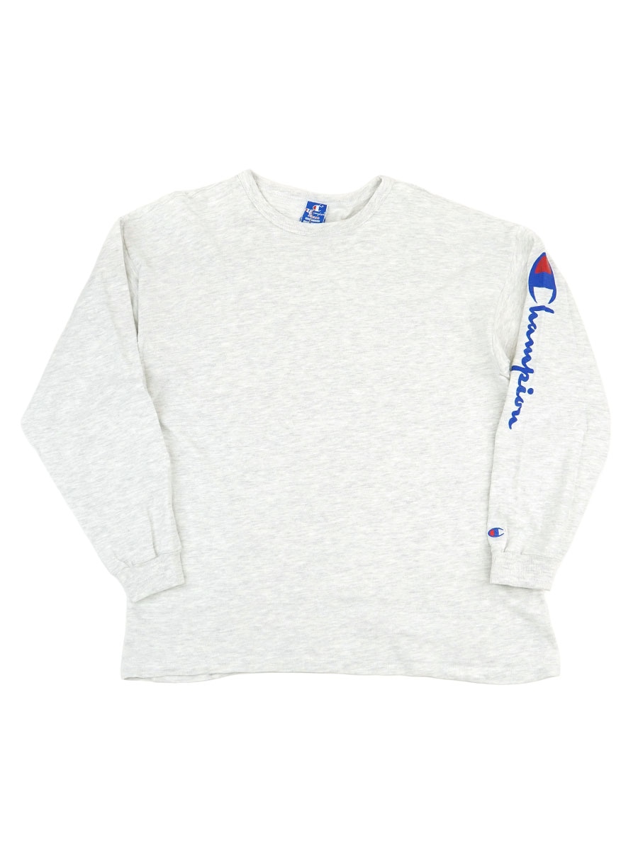 90's 青刺繍タグ チャンピオン ロングスリーブTシャツ スクリプトロゴ 袖プリント 霜降りグレー 表記(XL) USA製