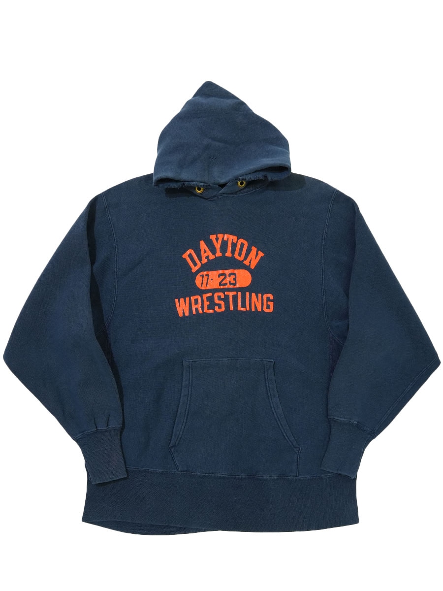 70's 単色タグ チャンピオンRWパーカ ''DAYTON 77-23 WERSTLING'' 3段プリント ネイビー 表記(L)
