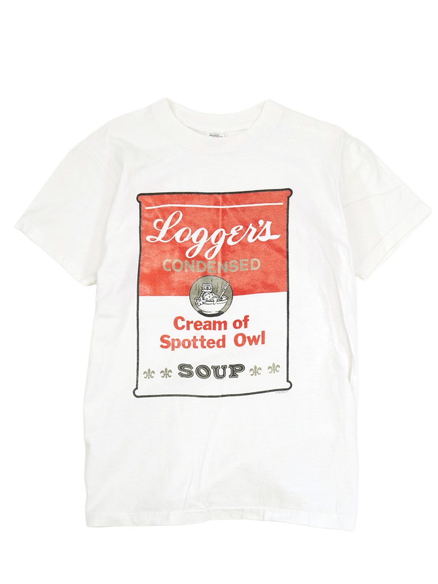 80's BELTON ''Logger's Cream of Spotted Owl Soup'' Tシャツ ホワイト 表記(L)