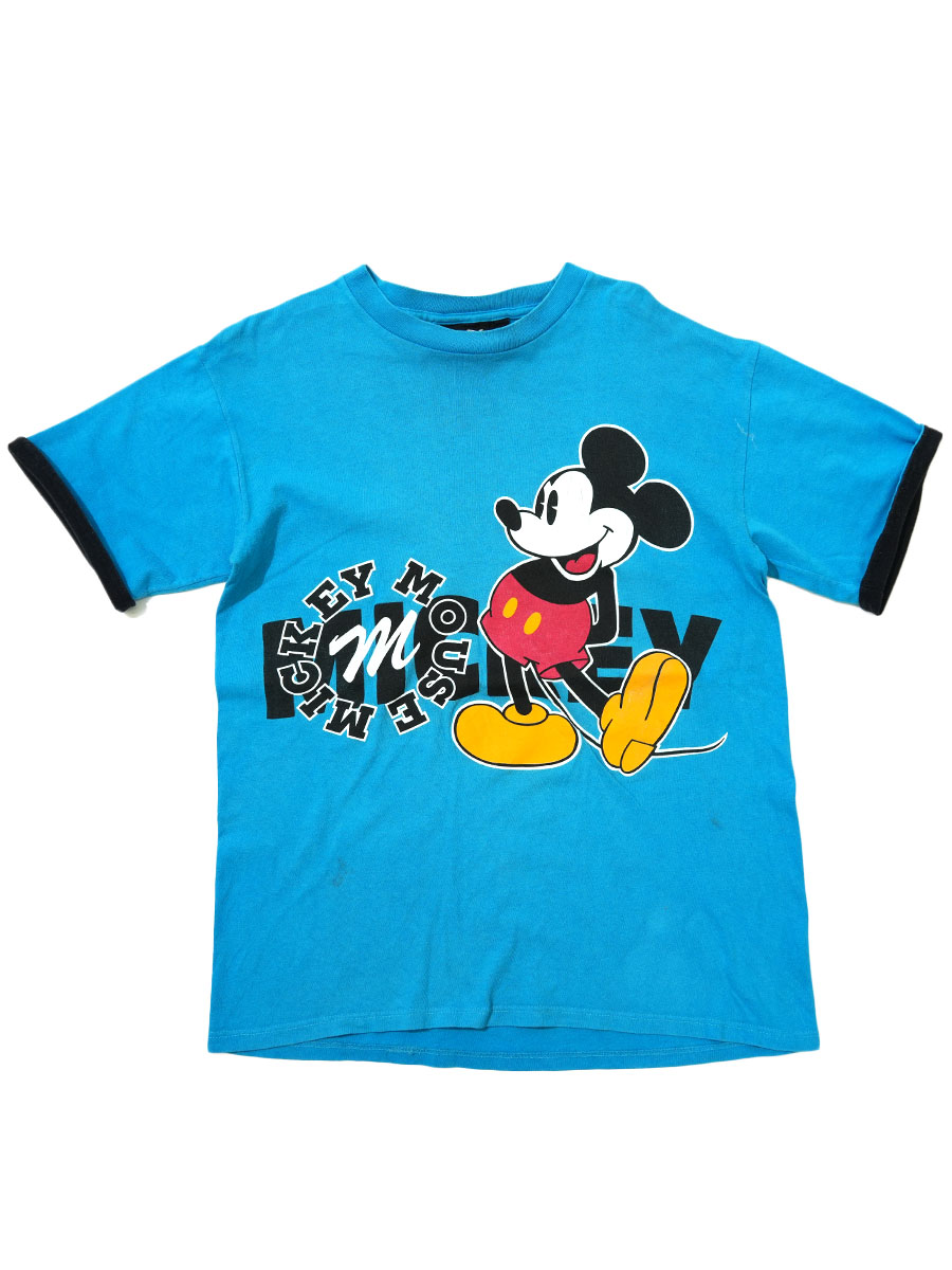 90's Disney ミッキーマウス 袖二重 Tシャツ ターコイズブルー 表記(S/M) USA製