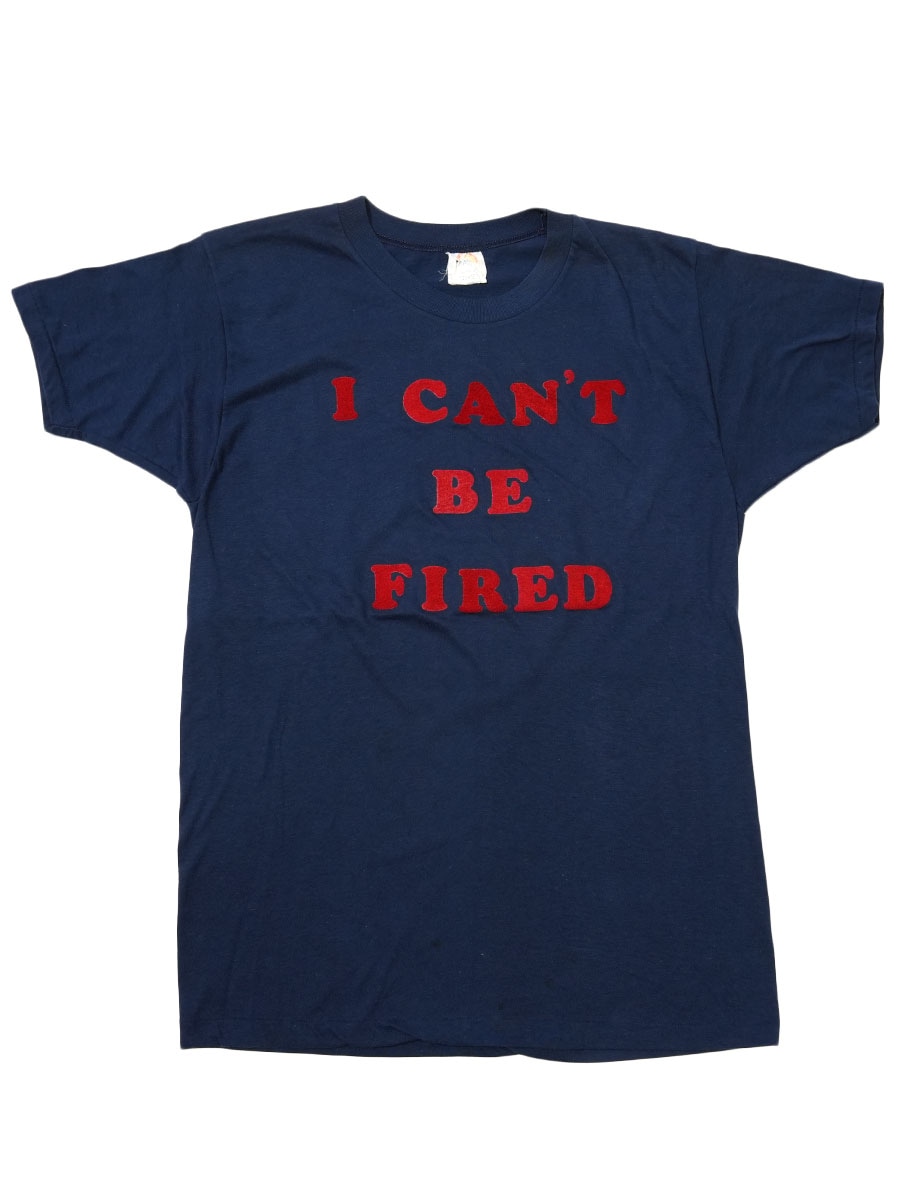 80's～ calcru ''I CAN'S BE FIRED'' フロッキーロゴ Tシャツ ネイビー 表記(L)