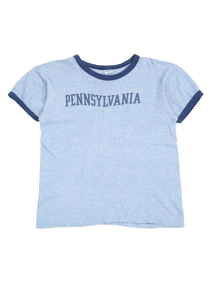 70's バータグ チャンピオン ''PENNSYLVANIA'' 染み込みプリント リンガーTシャツ 霜降りブルー 表記(L)