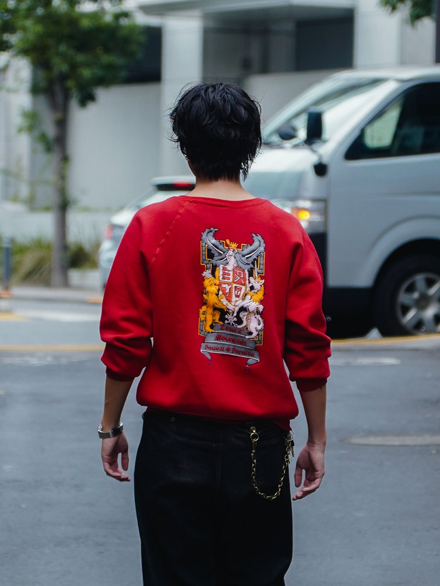 80's DISCUS POWELL PERALTA ランス・マウンテン 両面プリント ラグランスウェット レッド 表記(L) USA製