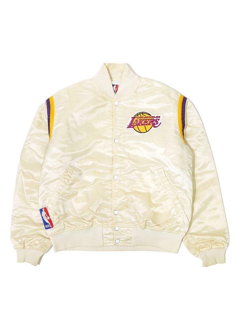 80's NBA OFFICIAL LICENSED PRODUCT by STARTER ''LOS ANGELES LAKERS'' サテンスタジャン ホワイト 表記(L) USA製
