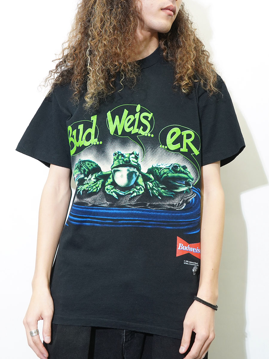 【USA製】90s Budweiser 企業プリントTシャツ L anvil 90's anvil ''Budweiser'' カエル 両面プリント Tシャツ 表記(L