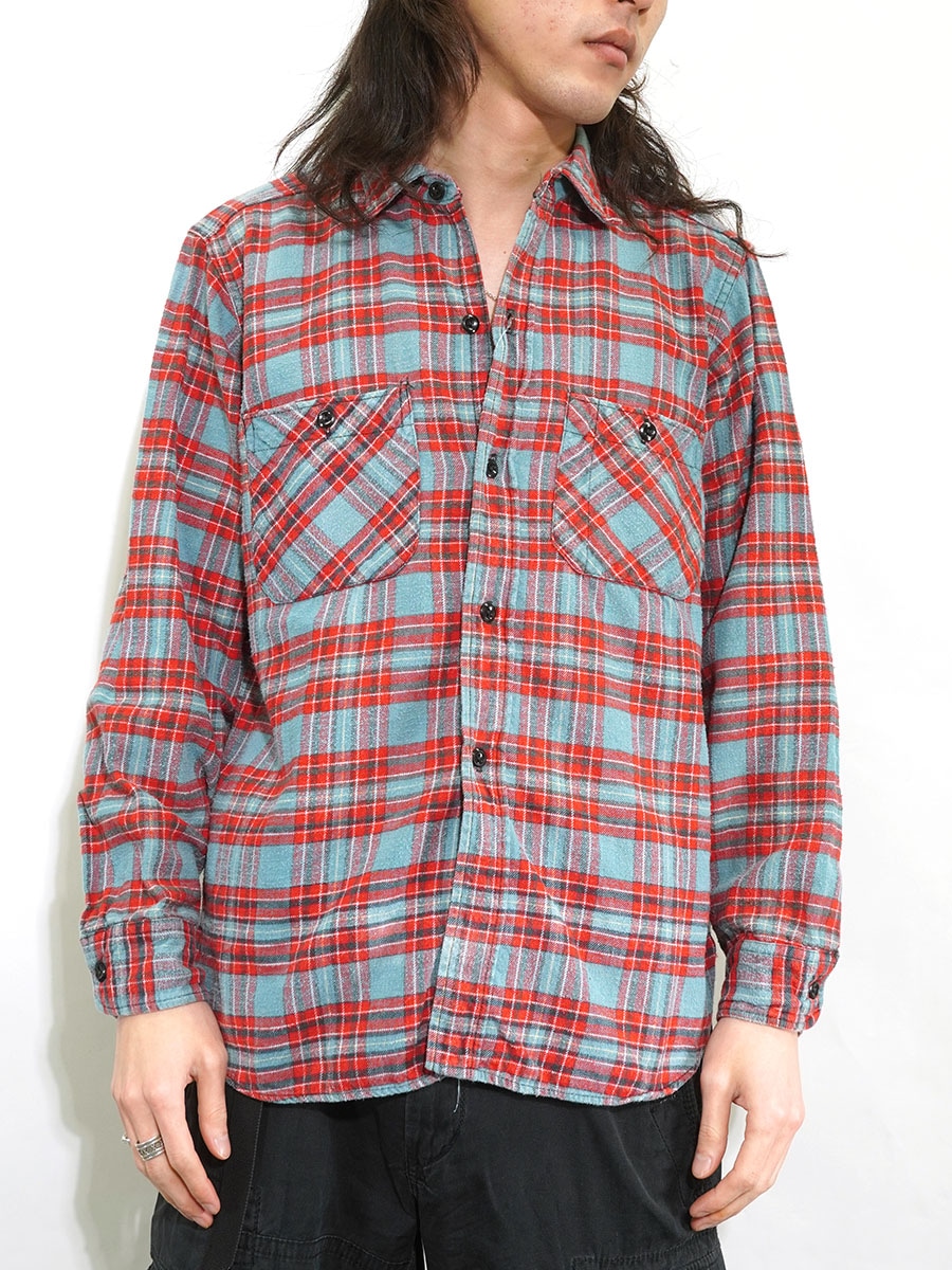 60's Buckeye 好配色チェック マチ付き フランネルシャツ ライトブルー