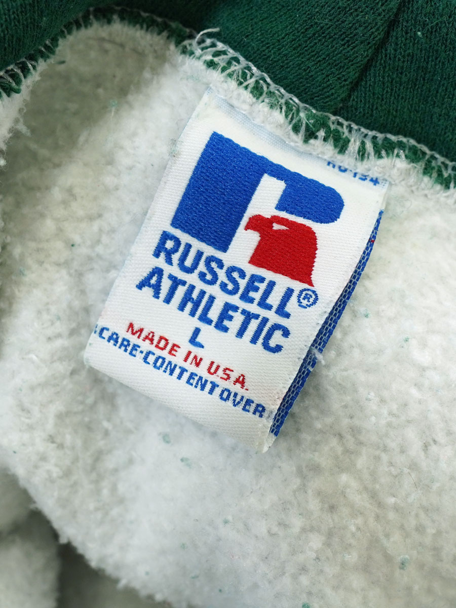 80s USA製 RUSSELL アーチロゴスウェット L 緑 A83 90's RUSSELL ATHLETIC 前V 無地スウェット グリーン 表記(XXL
