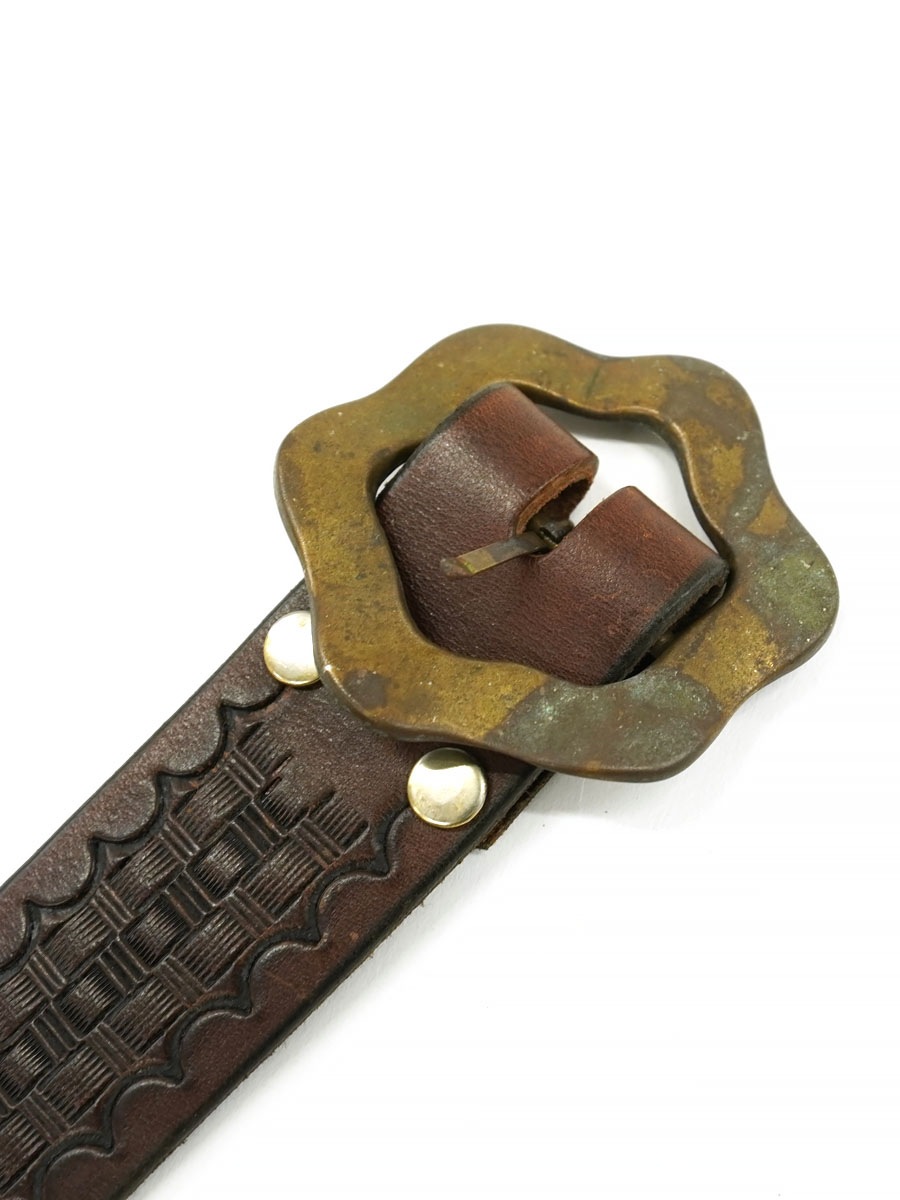 CARVING LEATHER BELT WITH HEXAGON BUCKLE BROWN (SIZE. 32) USA