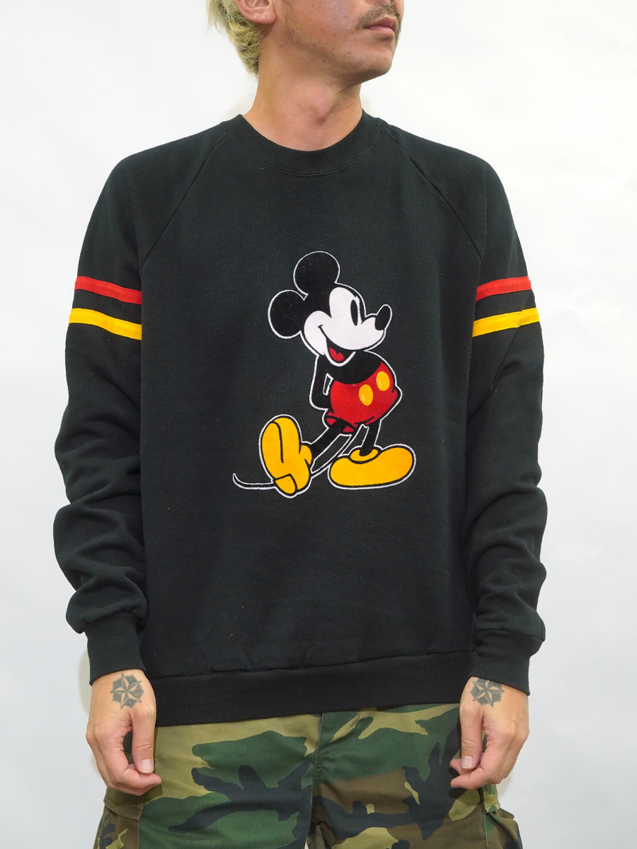 80'S DISNEY MICKEY MOUSE FELT PRINT SWEAT SHIRT BLK (SIZE. X LARGE) MADE IN USA