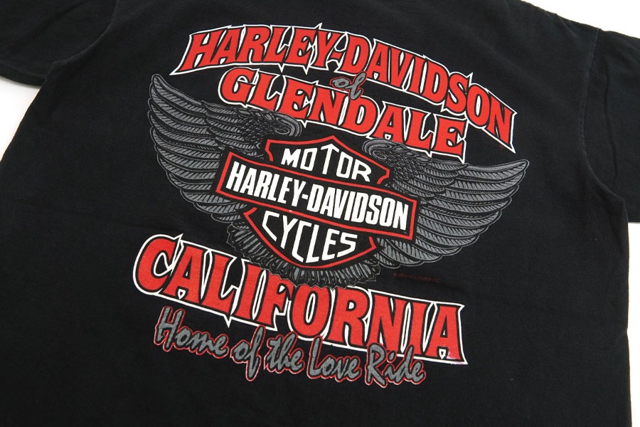 90's HARLEY-DAVIDSON ''GLENDALE CALIFORNIA'' 両面プリントTシャツ 表記(M)
