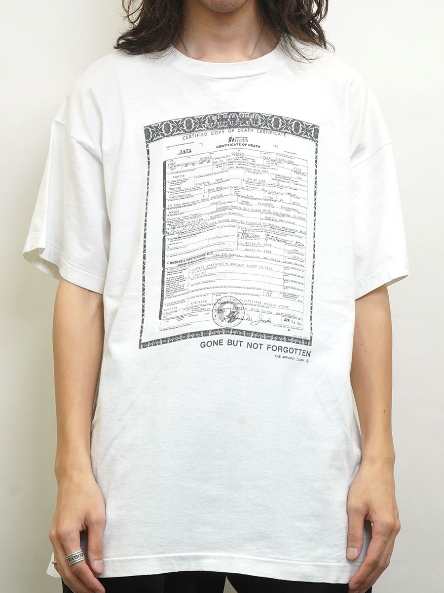 レア 90s NIRVANA KURT COBAIN 死亡診断書 T-SHIRT 白