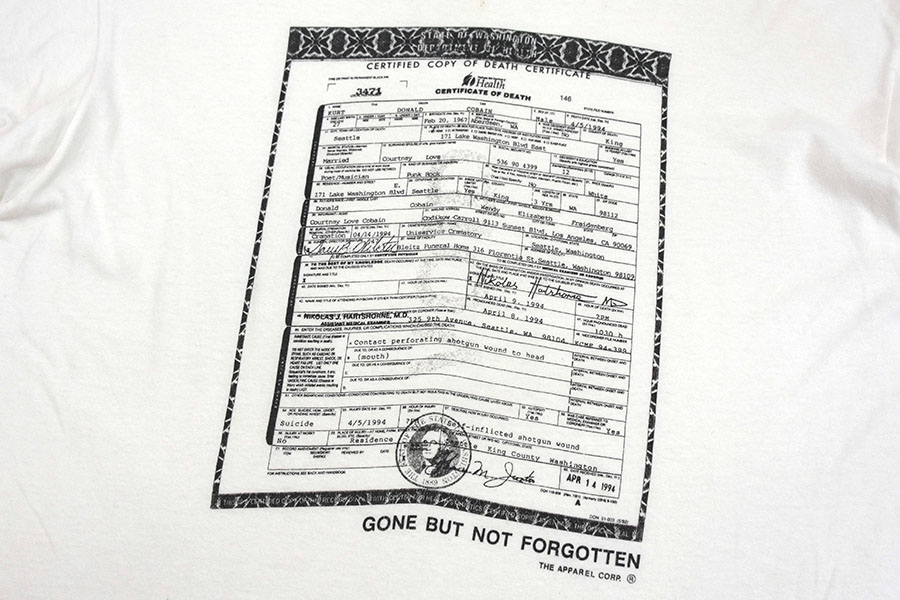 90's FRUIT OF THE LOOM カート・コバーン 死亡診断書プリント T