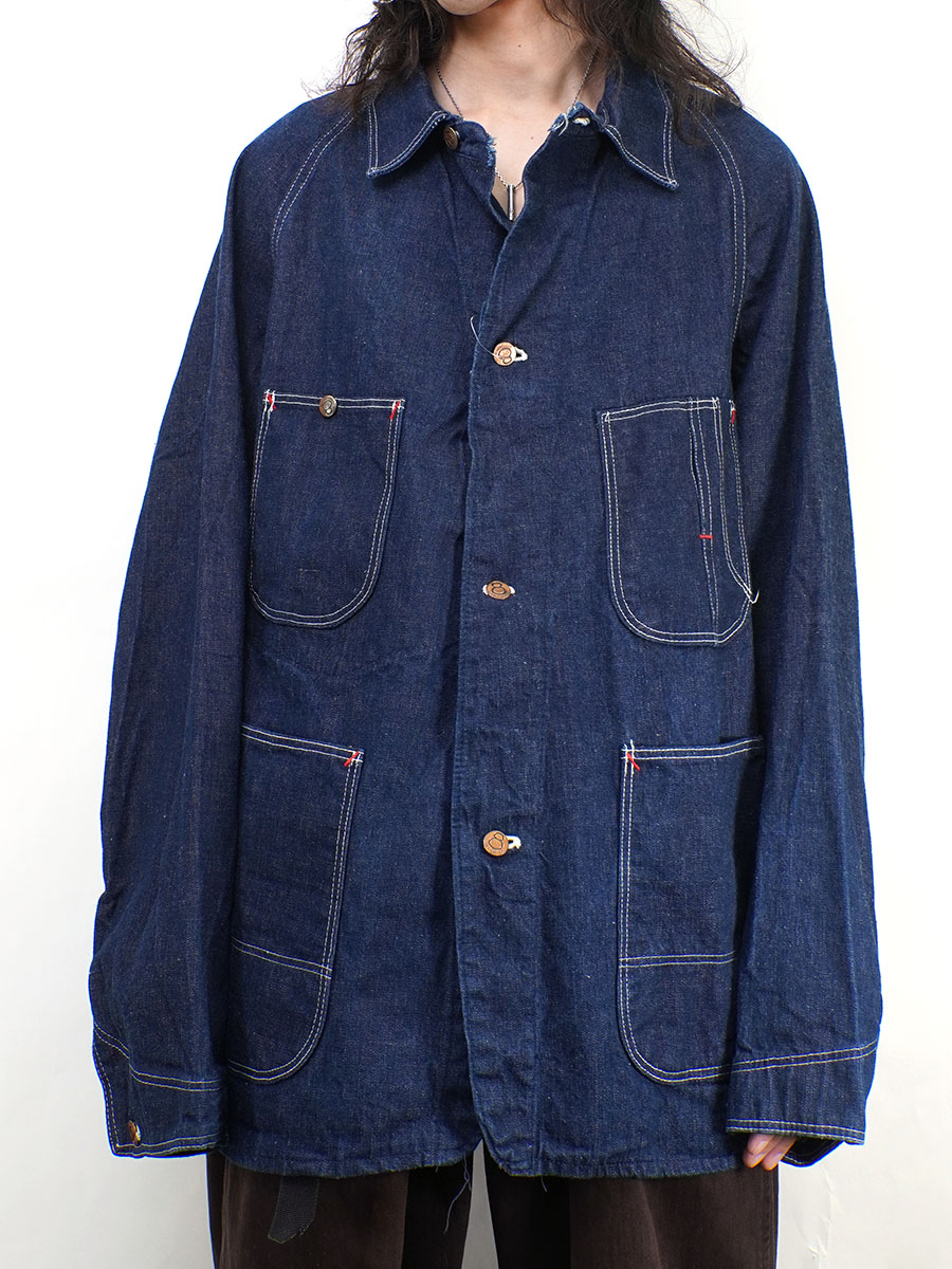 40's～ ダブル襟 デニムカバーオール 真っ紺! 実寸(50位) ワン