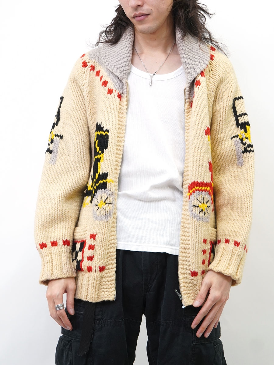 60's クラシックカー柄 カウチンセーター アイボリー 実寸(40位