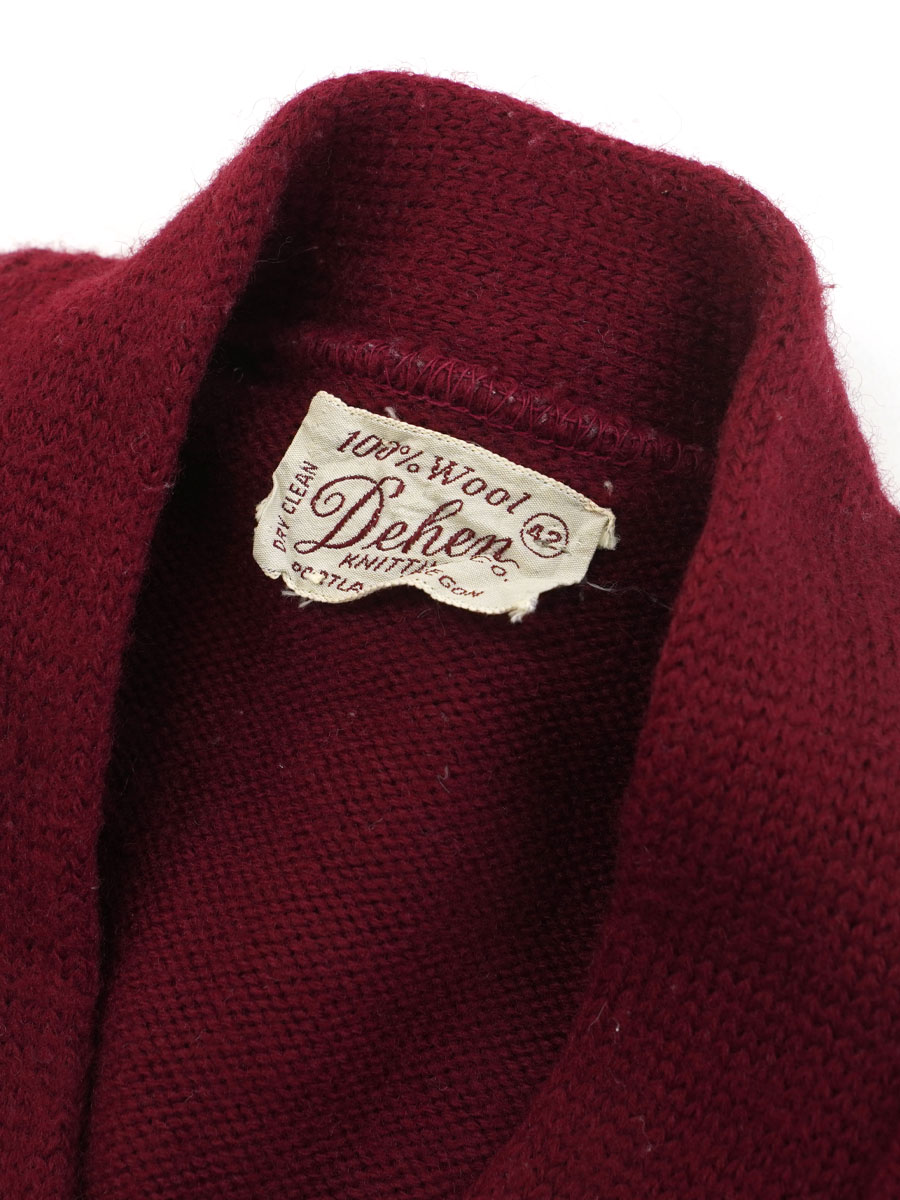 50'S DEHEN KNITTING CO. 100%WOOL LETTERED CARDIGAN BURGUNDY (SIZE