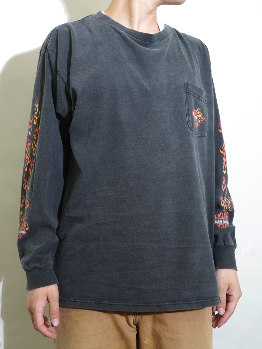 00's HARLEY-DAVIDSON ''UTICA, NEW YORK'' 両面/両袖プリント ポケ付き ロングスリーブTシャツ 表記(XL)