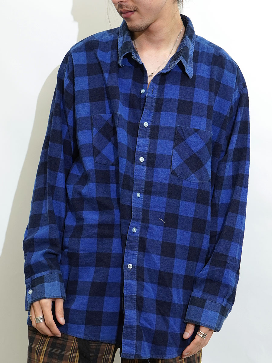 90's AMERICAN EDITION 黒×青 ブロックチェック プリントフランネル