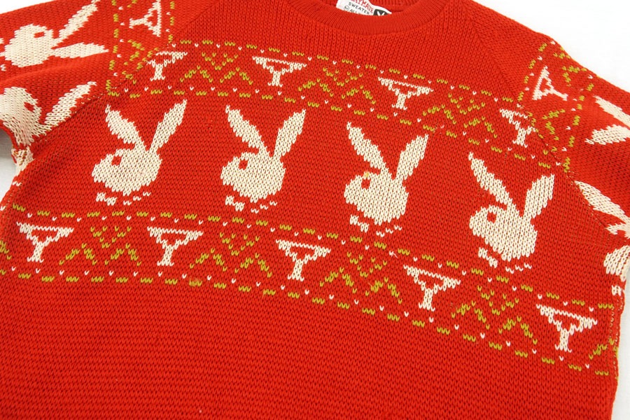 60's PLAYBOY ラビットヘッド柄 クルーネックニット 赤 表記(M)