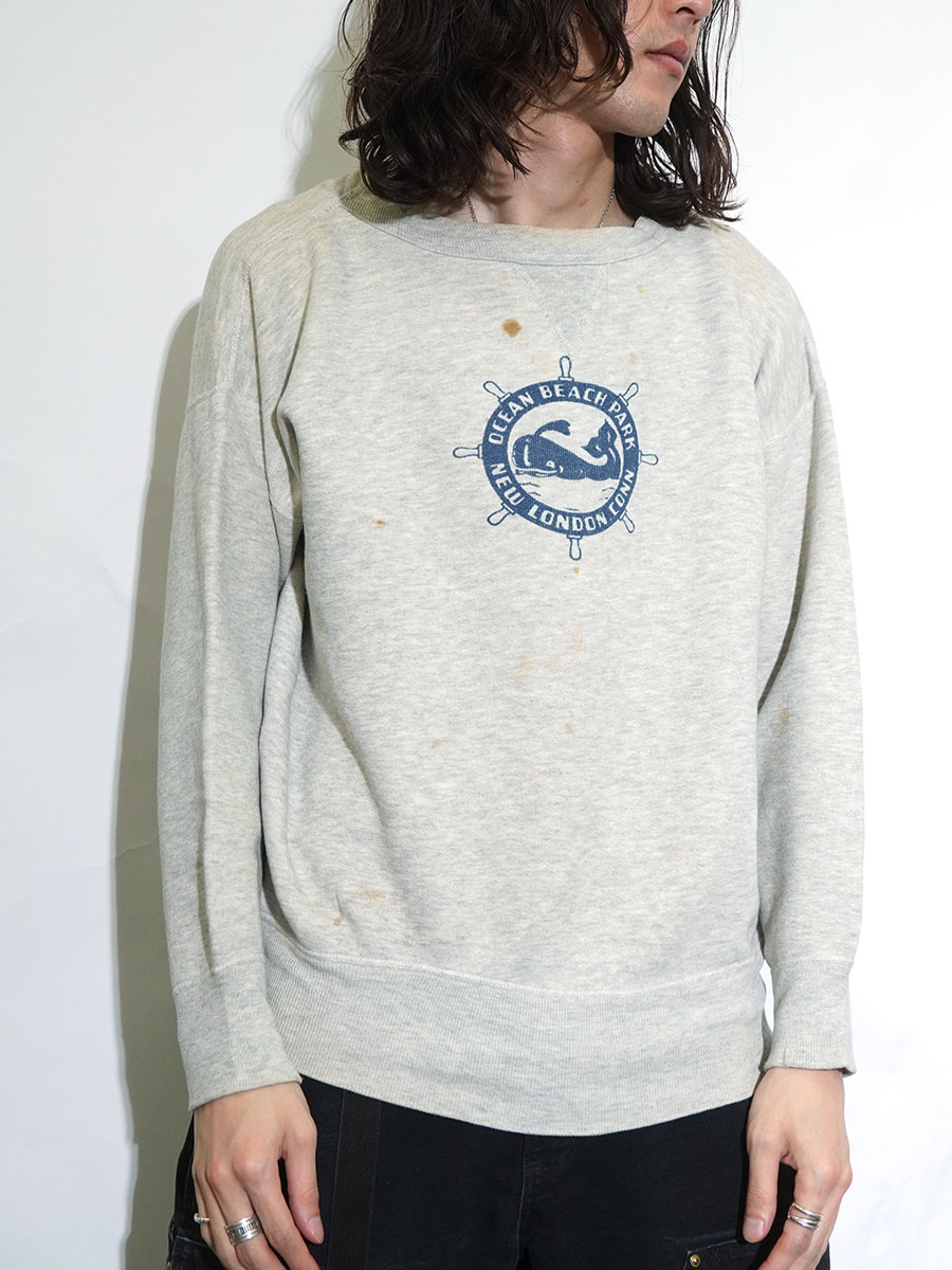 50's ''OCEAN BEACH PARK NEW LONDON CONN'' 前V セットインスリーブスウェット 実寸(L)