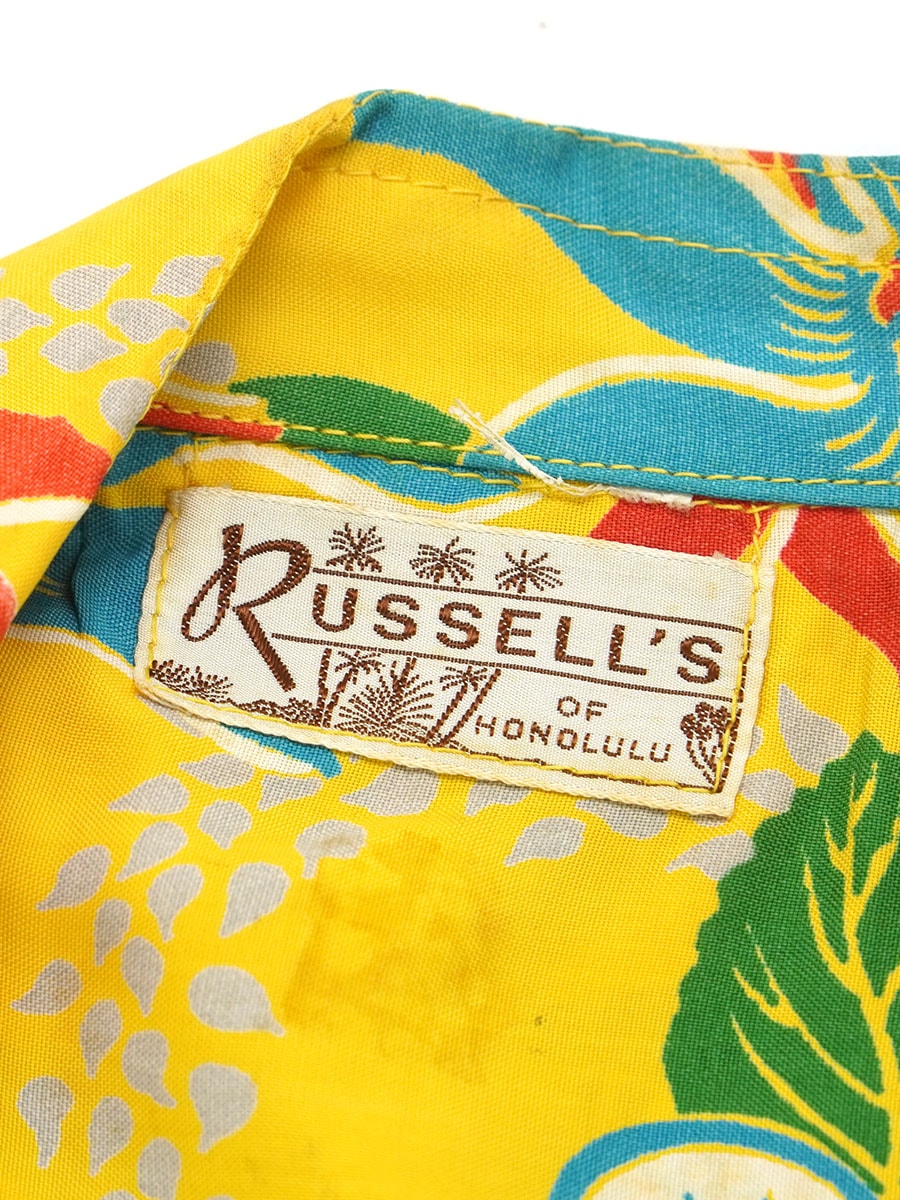 50's RUSSELL'S 花柄 オープンカラー ハワイアンシャツ 実寸 イエロー