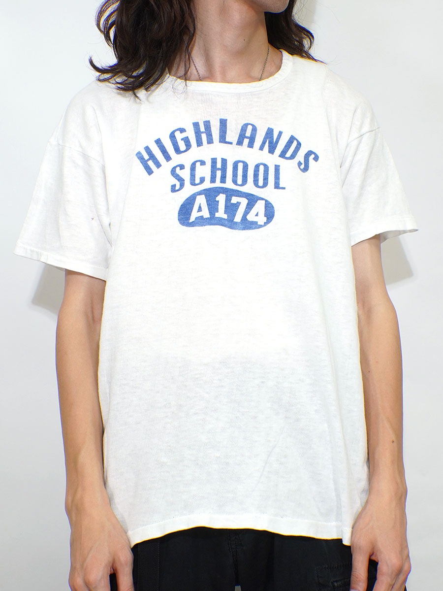 50's～ FELCO athletic wear ''HIGHLANDS SCHOOL A174'' 3段染み込みプリント Tシャツ ホワイト 表記(L)