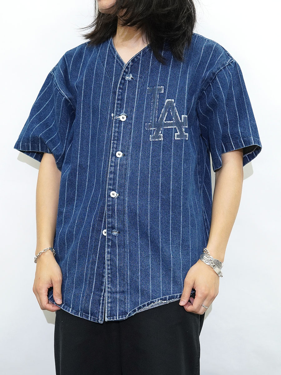 90's～ ''LOS ANGELES DODGERS'' デニム ベースボールシャツ 表記(L