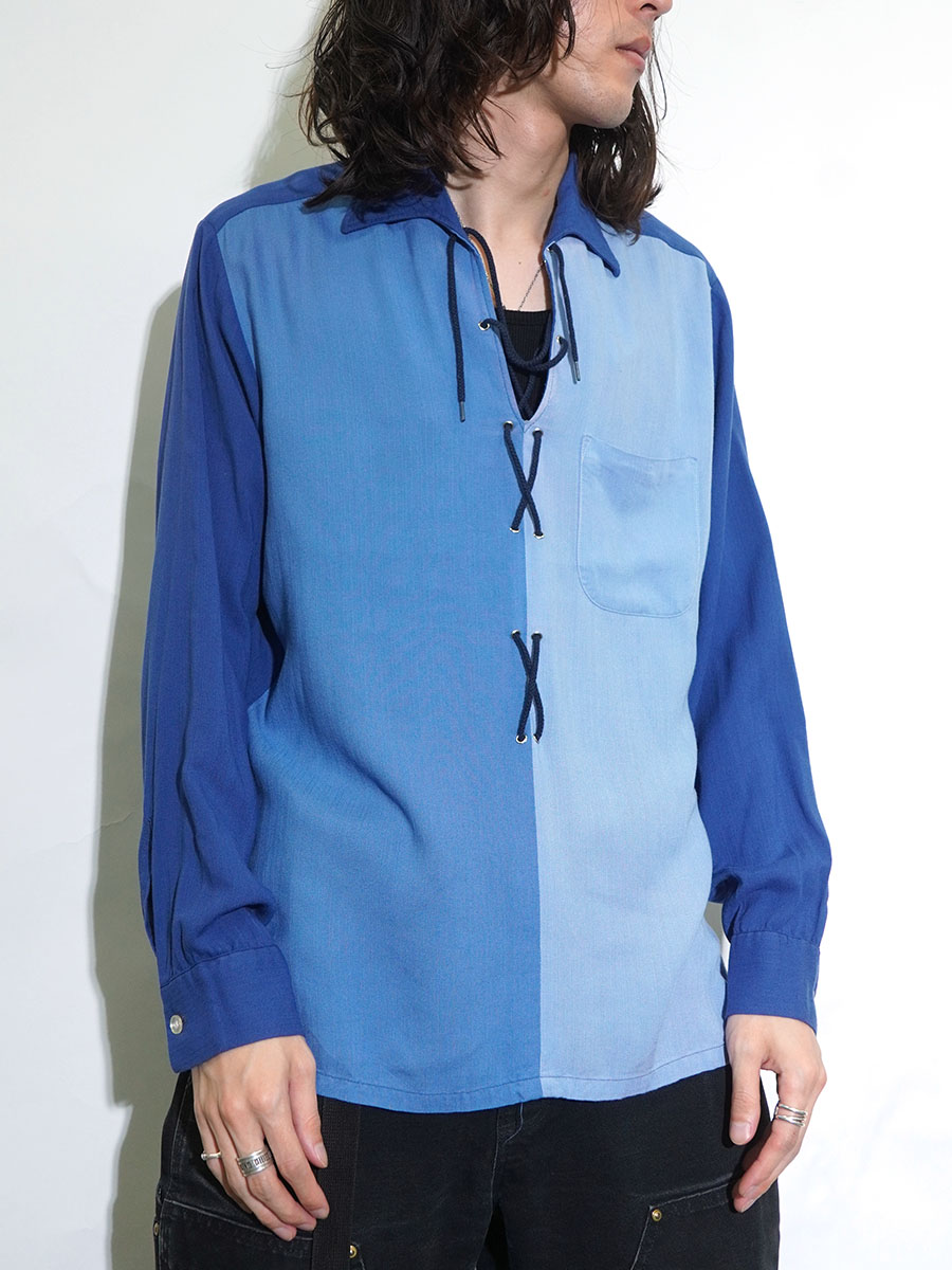 60'S SEARS PREMIERE COLLECTION LACE UP L/S RAYON SHIRT (SIZE
