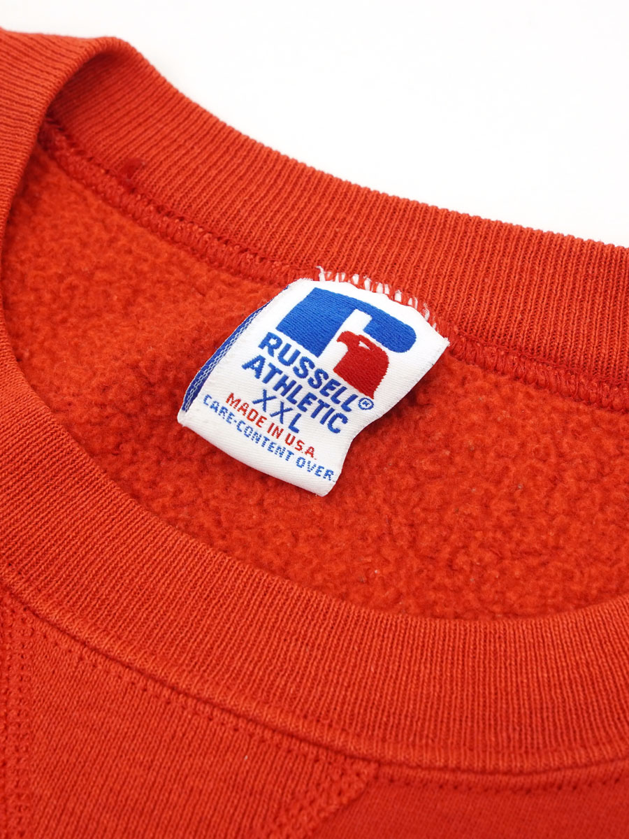 90's RUSSELL ATHLETIC ''Nebraska Huskers'' 貼り付けロゴ 前Vスウェット 赤 表記(XXL) USA製