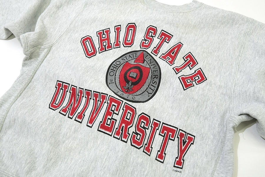 90's 刺繍タグ チャンピオンRW ''OHIO STATE UNIVERSITY'' 3段染み込み
