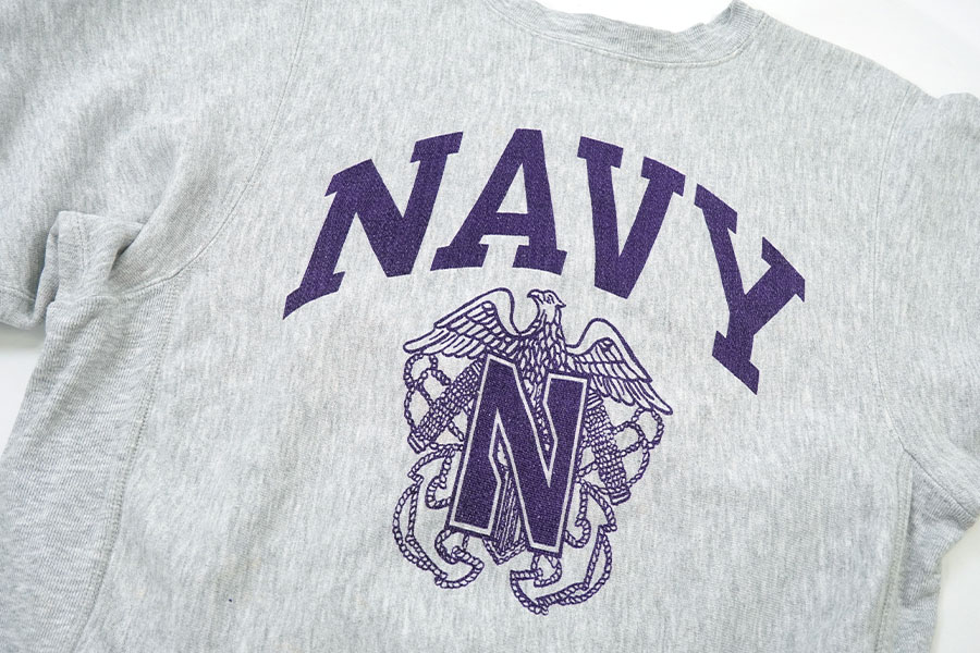 80's プリントタグ チャンピオン RWクルー ''NAVY'' パープル染み込み