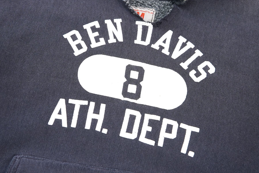 60's～ タタキタグ チャンピオンRWパーカ ''BEN DAVIS ATH. DEPT.'' 3段プリント ナス紺 表記(M)