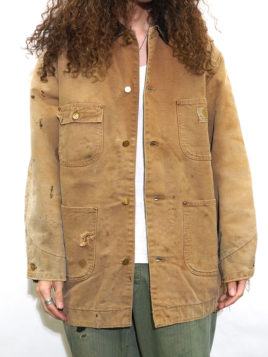 70's プリントタグ カーハート 襟コーズ 裏ブランケットライナー ダックカバーオール 表記(44L)