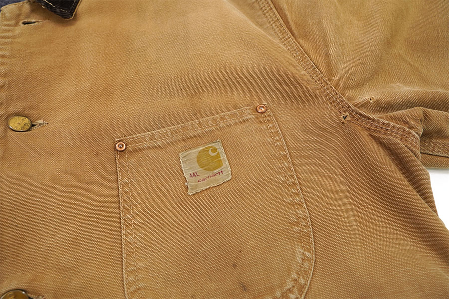 70's プリントタグ カーハート 襟コーズ 裏ブランケットライナー ダックカバーオール 表記(44L)