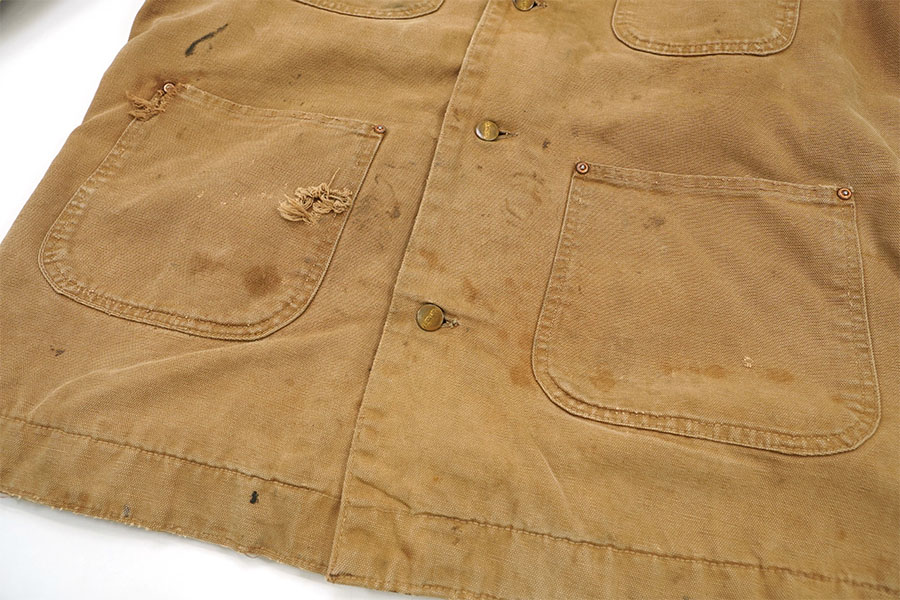 70's プリントタグ カーハート 襟コーズ 裏ブランケットライナー ダックカバーオール 表記(44L)