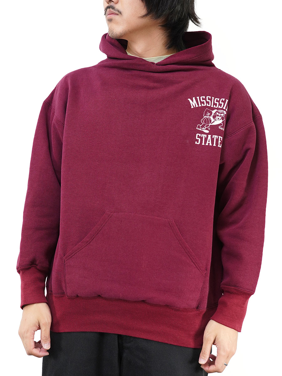 80's～ RUSSELL ''MISSISSIPPI'' 3段プリント Wフェイス スウェットパーカ ワインレッド 表記(L) 
