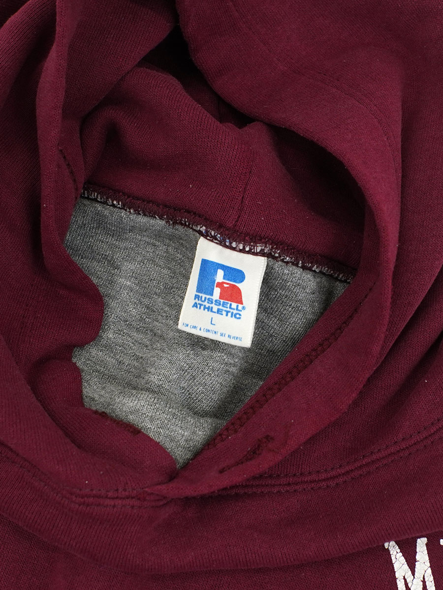 80's～ RUSSELL ''MISSISSIPPI'' 3段プリント Wフェイス スウェットパーカ ワインレッド 表記(L) 