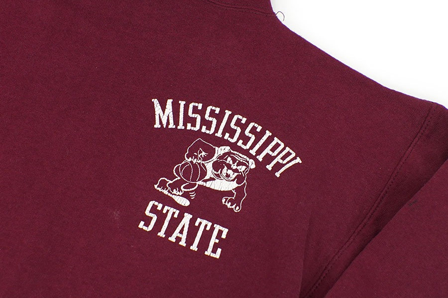 80's～ RUSSELL ''MISSISSIPPI'' 3段プリント Wフェイス スウェットパーカ ワインレッド 表記(L) 