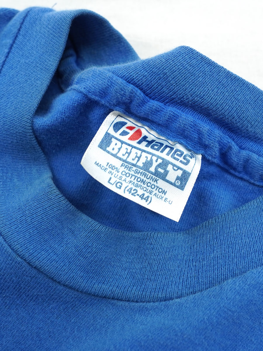 80's～ Hanes 無地 100%コットン Tシャツ ブルー 表記(L)