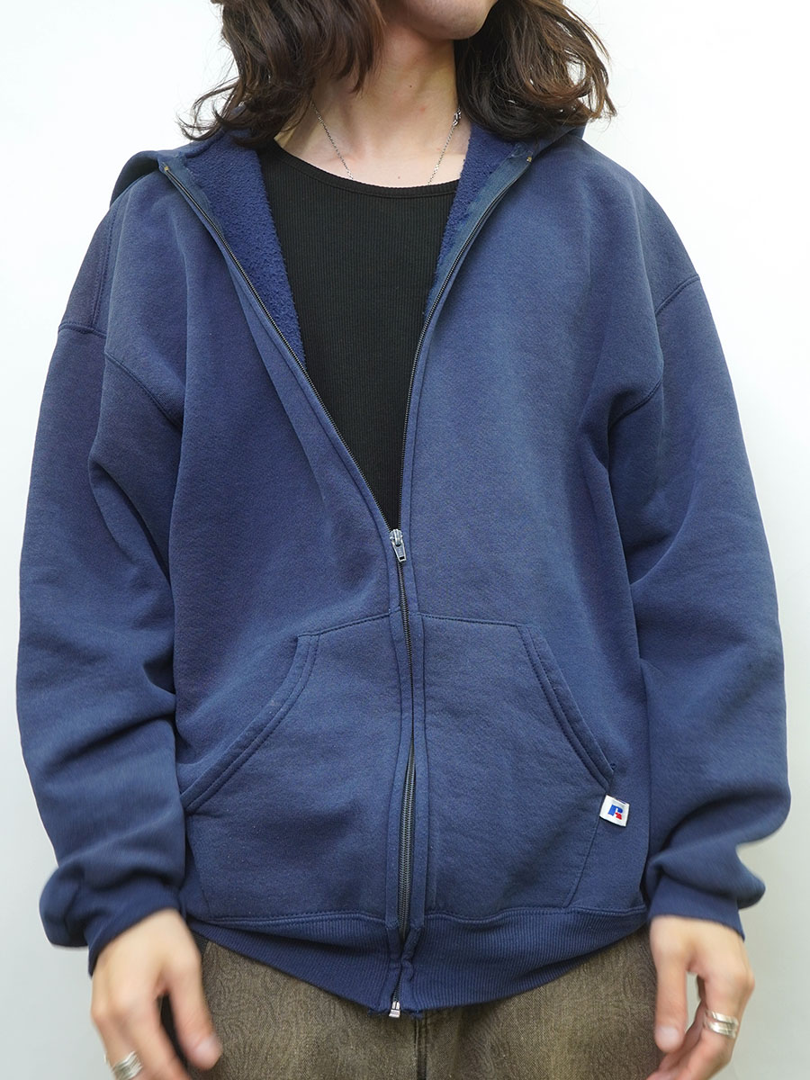 90'S RUSSELL ATHLETIC FULL ZIP HOODED SWEAT SHIRT PLAIN NAVY (SIZE