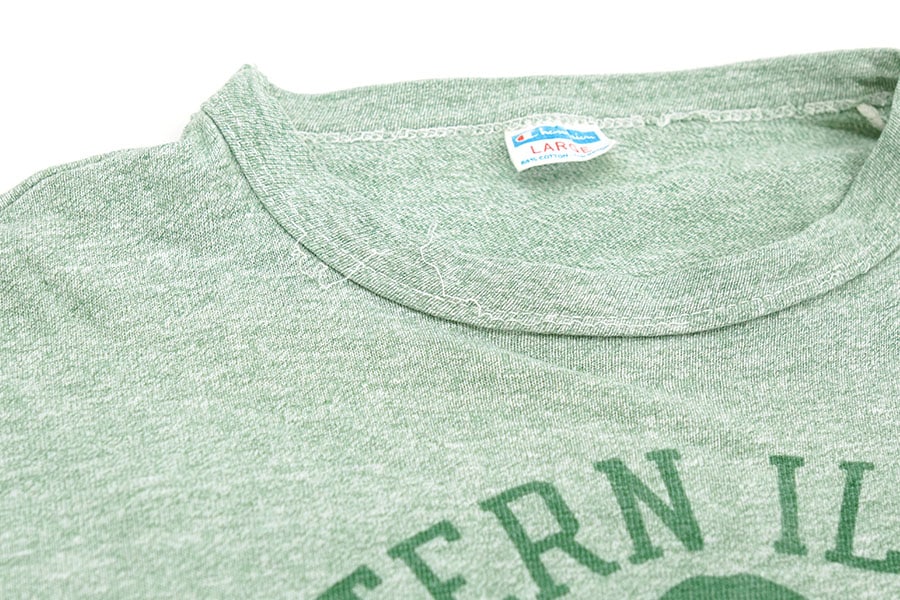 70's バータグ チャンピオン ''EASTERN ILLINOIS GYMNASTICS'' 染み込み3段プリント Tシャツ 霜降りグリーン 表記(L)