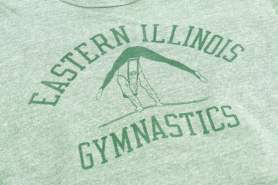 70's バータグ チャンピオン ''EASTERN ILLINOIS GYMNASTICS'' 染み込み3段プリント Tシャツ 霜降りグリーン 表記(L)