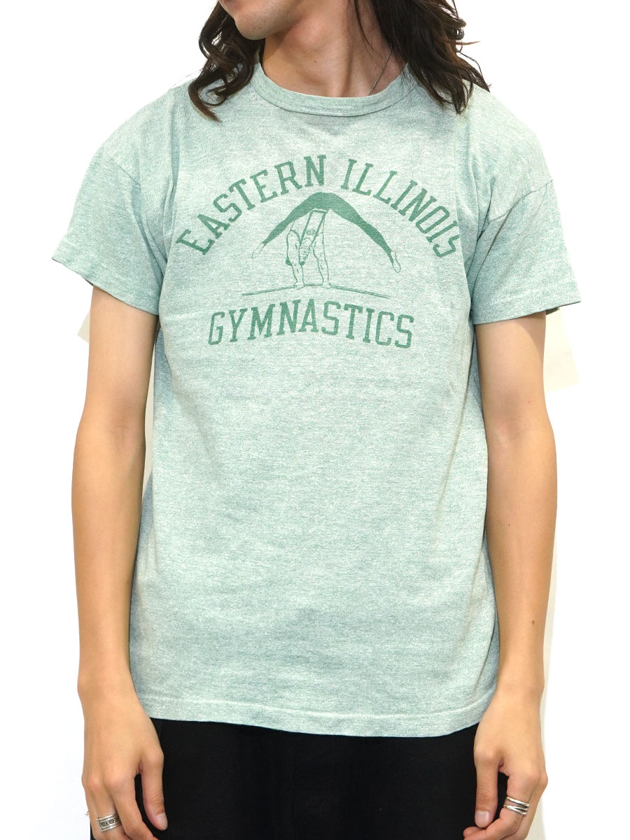 70's バータグ チャンピオン ''EASTERN ILLINOIS GYMNASTICS'' 染み込み3段プリント Tシャツ 霜降りグリーン 表記(L)