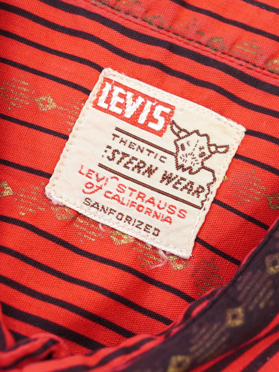 50's Levi's ショートホーン 好配色ストライプ ウエスタンシャツ 赤黒金 実寸(M位)