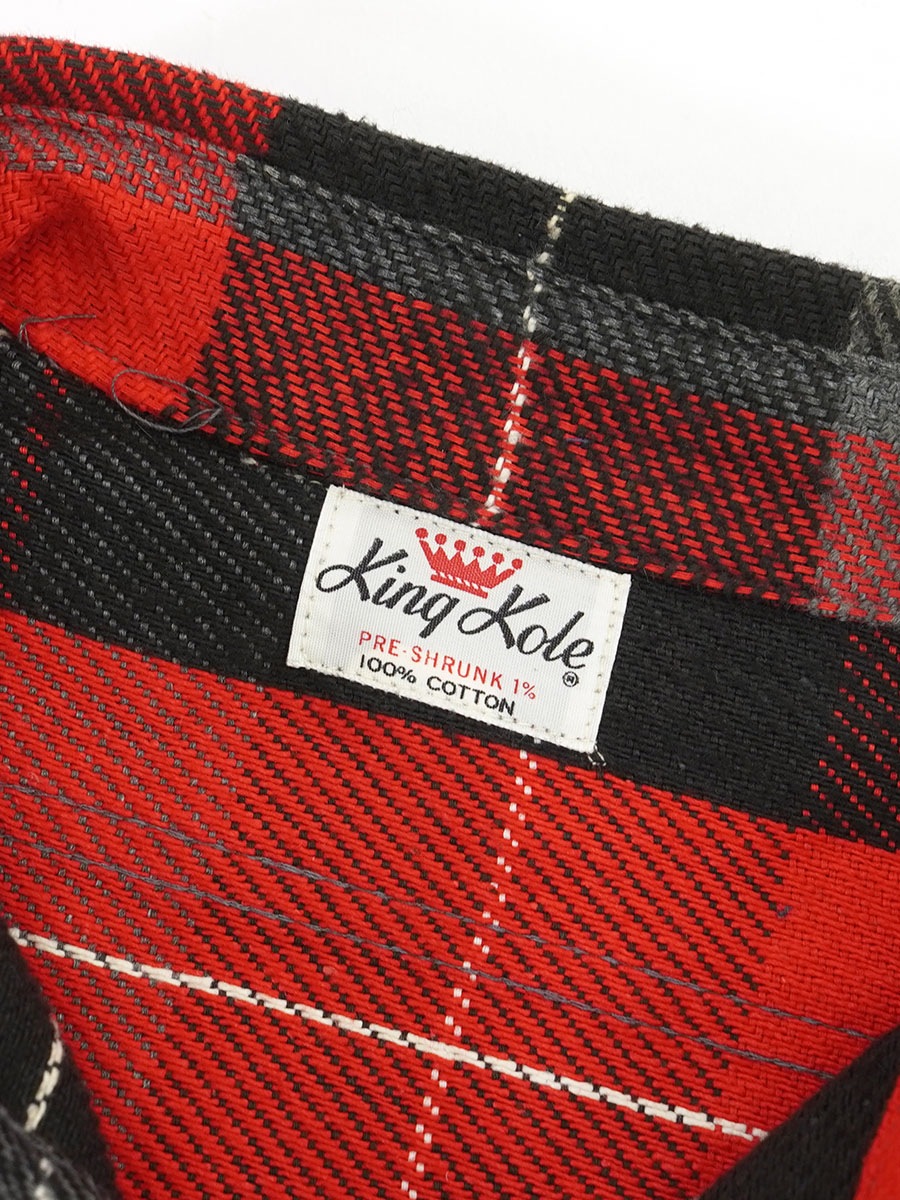 60's King Kole 好配色チェック 黒灰赤 フランネルシャツ 実寸(16 1/2