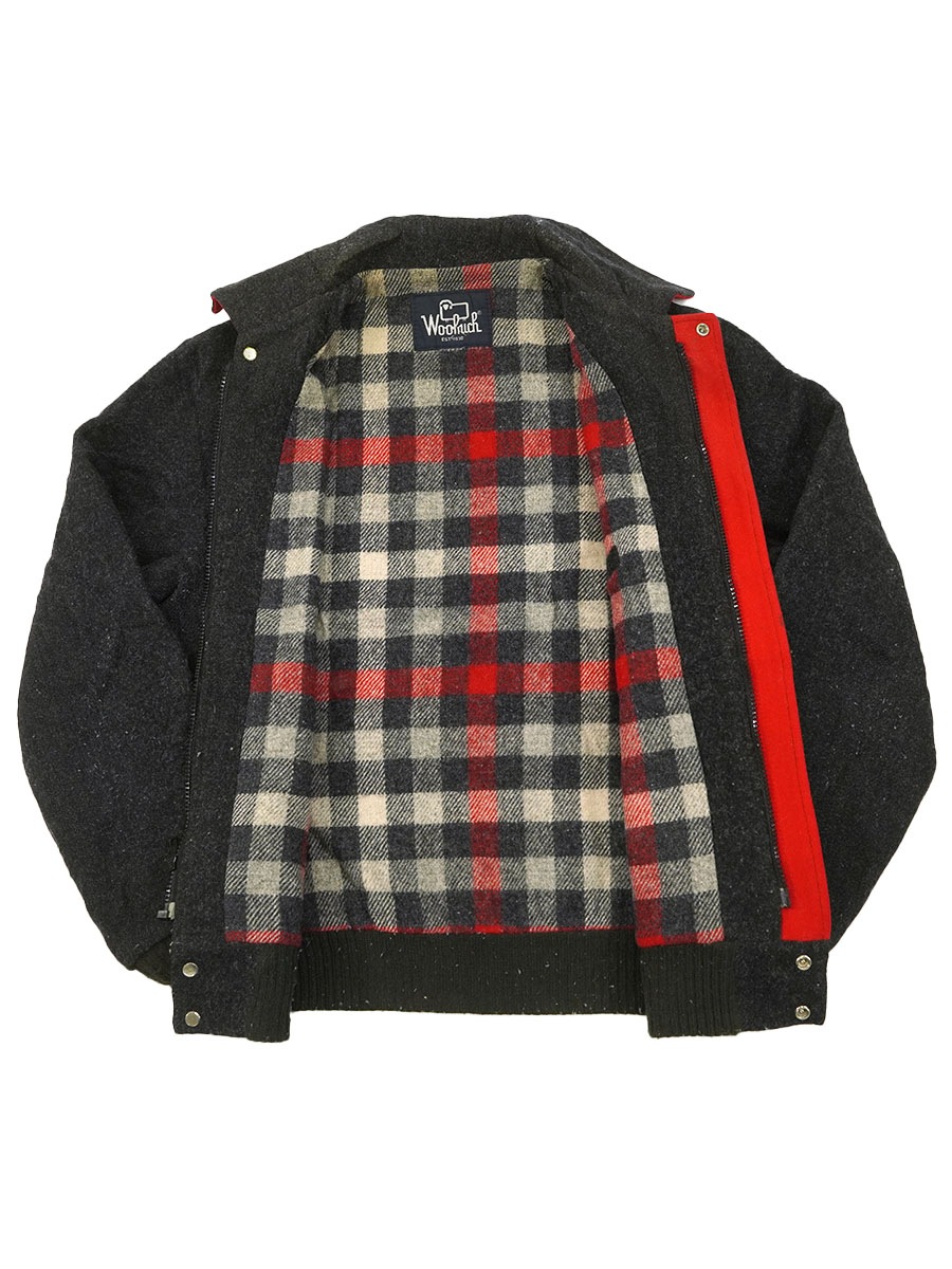 80's WOOLRICH 裏好配色チェック フルジップウールジャケット チャコールxレッド 実寸(L位)