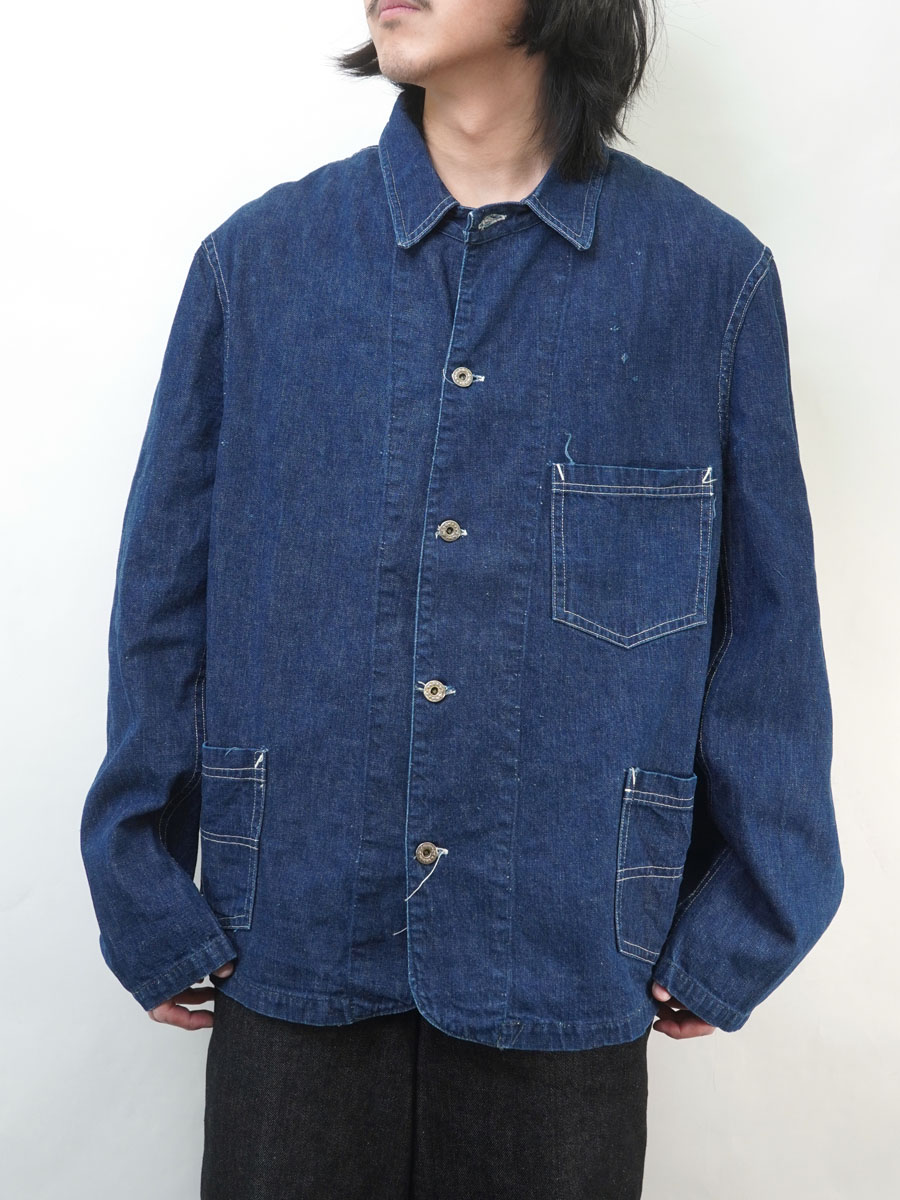 40's ダブル襟 月桂樹ボタン 3つポケ デニムカバーオール 濃紺 実寸(40