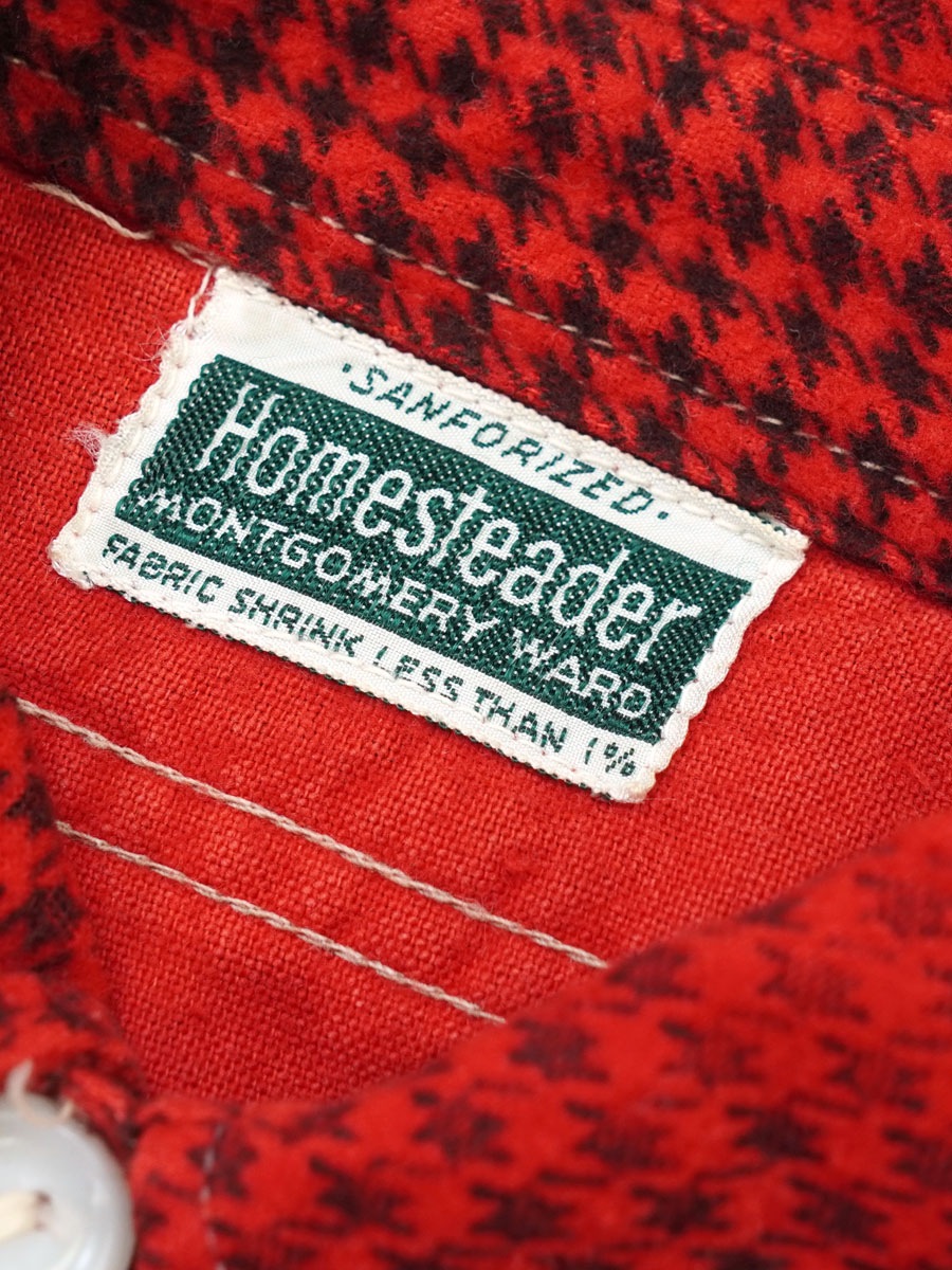60's Homesteader 赤黒 好配色チェック マチ付き プリントフランネルシャツ 実寸(15位)