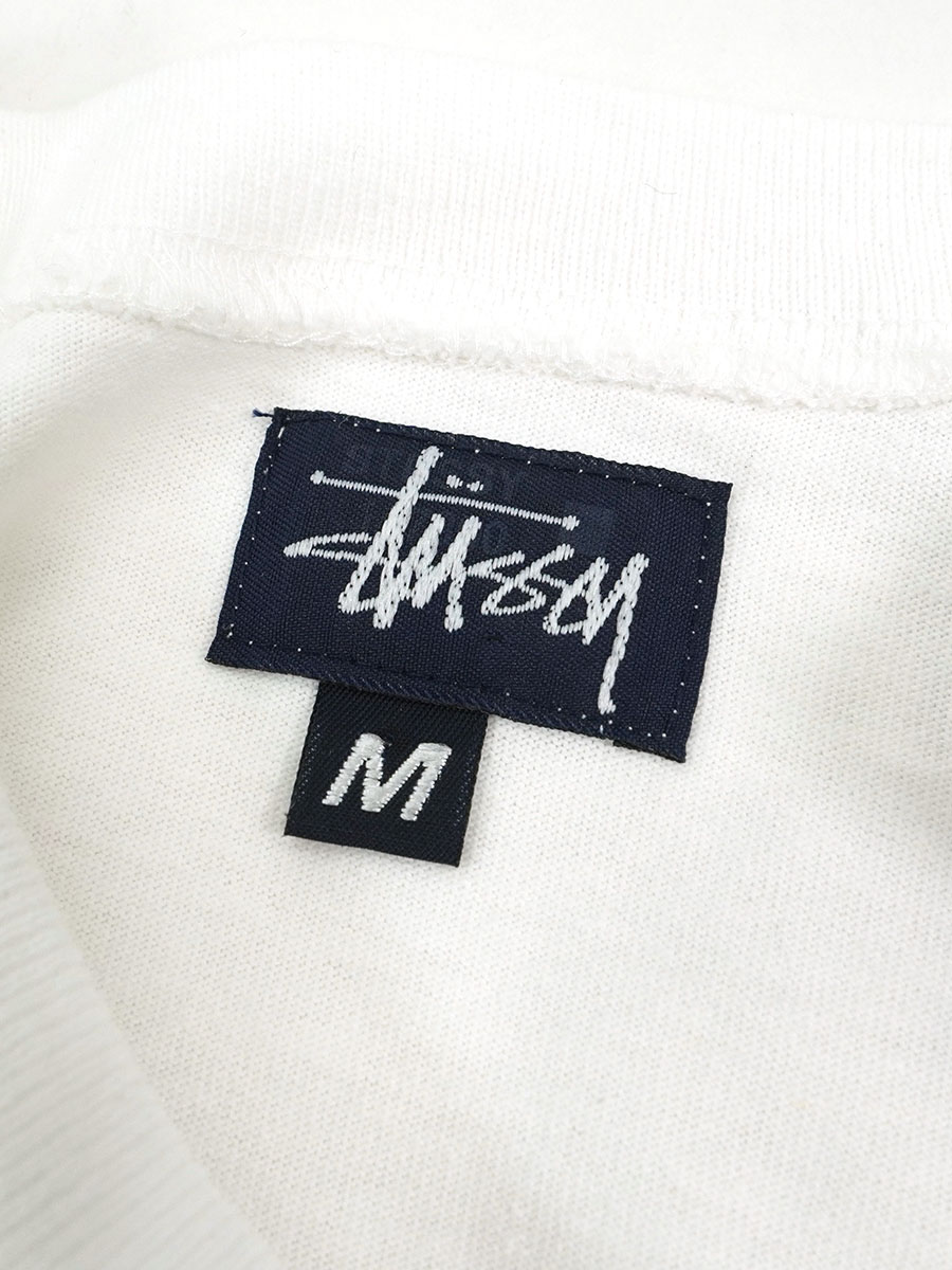 90's STUSSY ランダムボーダー 袖ロゴプリント入り Tシャツ 表記