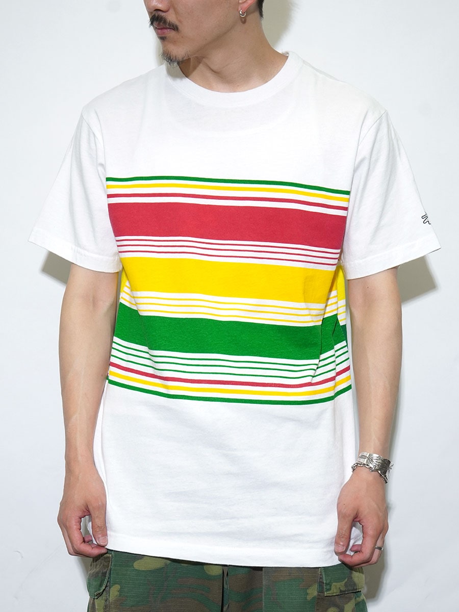90's STUSSY ランダムボーダー 袖ロゴプリント入り Tシャツ 表記
